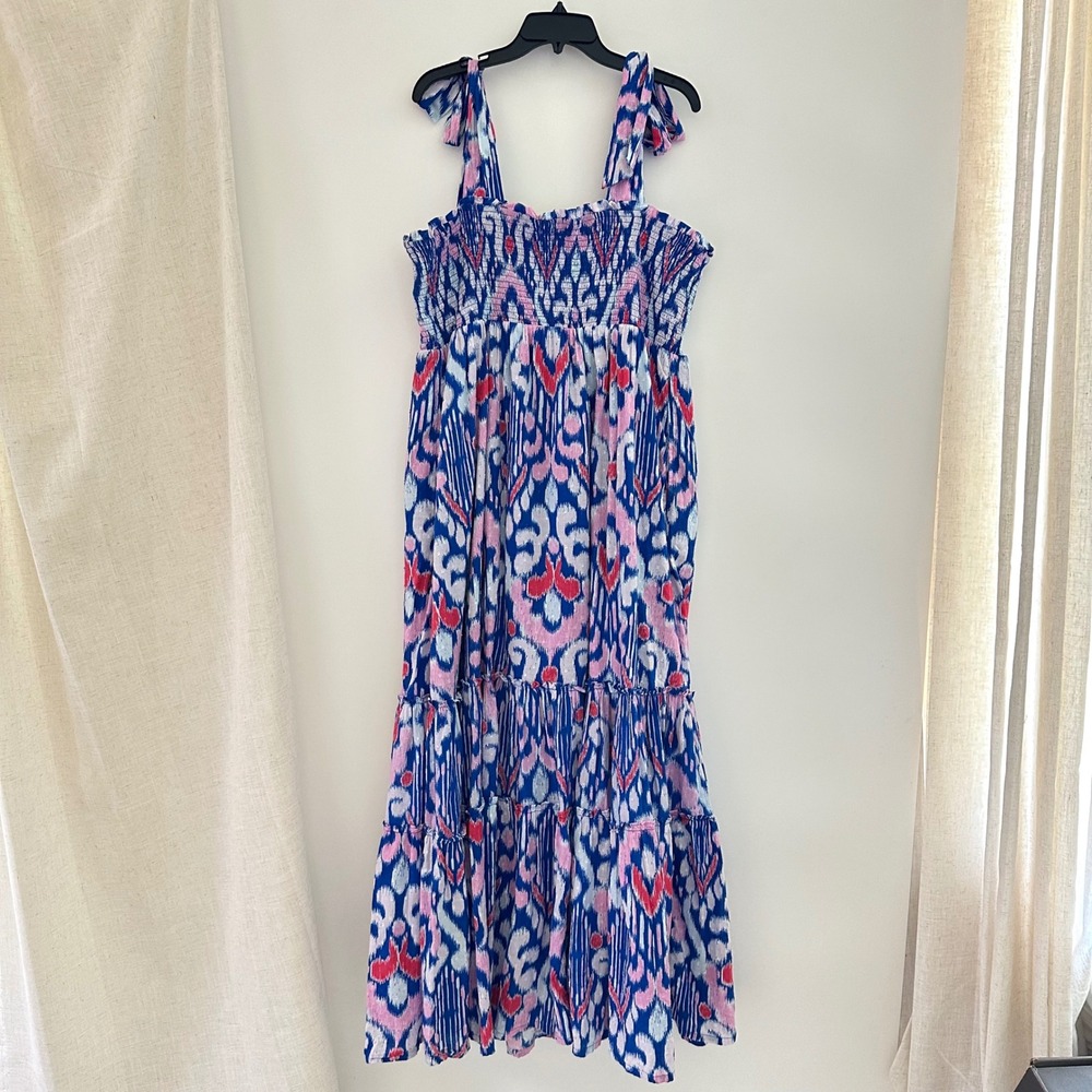 Crown & Ivy Smocked Tiered Maxi Dress Size 2X Boho Tie Coastal Vacation Preppy